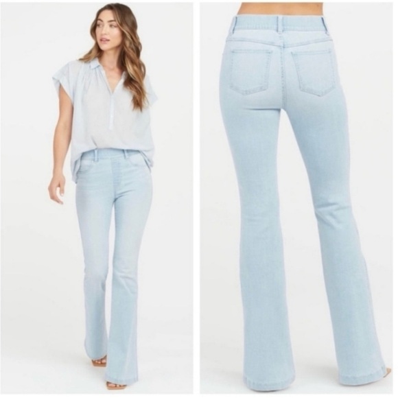 SPANX Pull-on High Rise Flare Jeans || Light Wash || Size Large - Picture 2 of 9